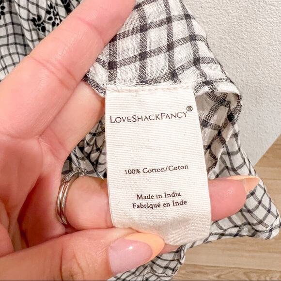 LoveShackFancy Coralie Puff Sleeve V Neck Midi Dress Charcoal Floral Plaid US 0 - Picture 11 of 12